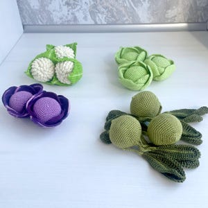 Puede incluir: Una colección de verduras tejidas a ganchillo que incluye una coliflor verde y blanca, tres coles de color verde claro, dos coles moradas y tres cebollas de color verde oliva con hojas largas y texturizadas, todo hecho con puntadas detalladas.