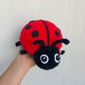 May include: A plush, handmade ladybug toy. The ladybug has a vibrant red body with black spots and a black head. The eyes are white with black pupils. The toy is made of soft, textured material.