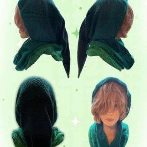 May include: Four views of a dark green knitted hood and scarf set. The hood has a pointed end and is paired with a matching scarf. The text "Schmütze" and "Kapuzenschal" are at the top of the image.