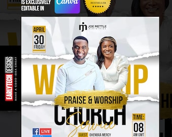 May include: A promotional flyer for a church service, featuring two smiling people. The flyer includes the text "Praise & Worship Church Service" in gold, along with event details such as the date, time, and location. The flyer also includes the text "This flyer is exclusively editable in Canva."