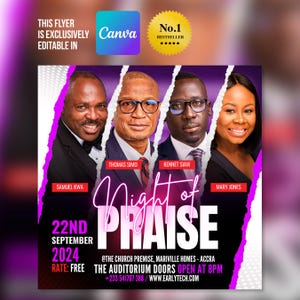 May include: A promotional flyer with a purple and black gradient background. It features four headshots of people, the text "Night of Praise," and event details including the date, time, and location. The flyer is marked as editable in Canva.