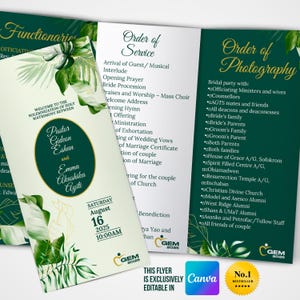 Trifold Wedding Program, Wedding Ceremony Program, Folded Program, Minimalist Greenery Wedding Order of Service, Canva Template, Printable