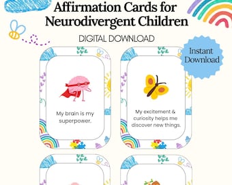 May include: Digital affirmation cards for neurodivergent children. The cards feature illustrations of a brain, butterfly, seashell, and monkey, each with a positive affirmation. The text includes "My brain is my superpower" and "Instant Download."