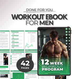 Könnte beinhalten: Ein digitales Workout-E-Book für Männer mit einem 12-Wochen-Programm. Das E-Book wird auf einem Tablet angezeigt, mit einem muskulösen Mann auf dem Cover. Das E-Book hat 42 Seiten und enthält Übungsübersichten und Tracking-Sheets.