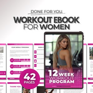 Può includere: Un ebook di allenamento digitale per donne, con un programma di 12 settimane. La copertina mostra una donna in abbigliamento sportivo. L'ebook ha 42 pagine e include un programma settimanale e fasi di allenamento.