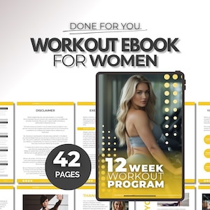 以下が含まれることがあります： 女性向けのデジタルワークアウト電子書籍で、12週間のプログラムが特徴です。表紙にはワークアウトウェアを着た女性が描かれています。電子書籍は42ページで、免責事項が含まれています。「Done For You」というタイトルが上部にあります。