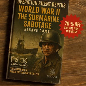May include: A World War II-themed escape game titled "Operation Silent Depths: The Submarine Sabotage." The cover features a soldier, a submarine, and the text "Video + Audio." A red starburst graphic indicates a 70% discount.