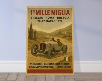 May include: Vintage poster for the 1st Mille Miglia race, Brescia to Rome and back, held March 26-27, 1927. The poster features a classic race car with the number 1, racing on a dirt road. The Italian flag is displayed.