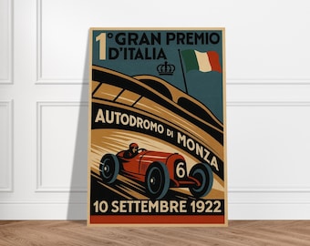 May include: A vintage-style poster for the 1st Gran Premio d'Italia at the Autodromo di Monza on September 10, 1922. The artwork features a red race car with the number 6, a crown icon, and the Italian flag against a dark blue and tan background.