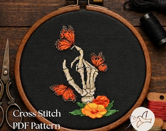 Gothic Skeleton Hand Butterfly Cross Stitch Pattern (PDF Download)
