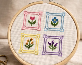 Beginner Mini Flower Cross Stitch Pattern Bundle – Easy Spring Floral Embroidery Hoop Designs