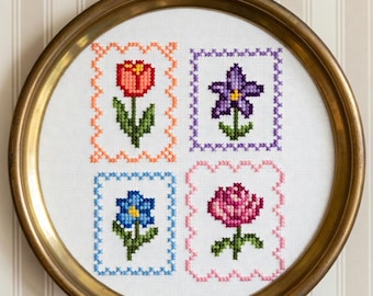 Beginner Spring Flowers Cross Stitch Pattern Bundle | 4 Mini Floral Embroidery Designs (PDF Download)