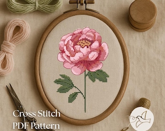 Peony Cross Stitch Pattern: Vintage Spring Embroidery (PDF Digital Download)