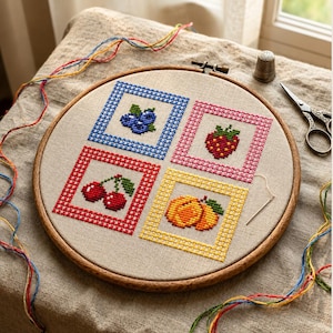 Op de afbeelding: Een ronde houten borduurring met een kruissteekproject op beige stof. Het ontwerp toont vier vierkanten met geruite randen in blauw, roze, rood en geel, die elk een vrucht omlijsten: bosbessen, een aardbei, kersen en een perzik.