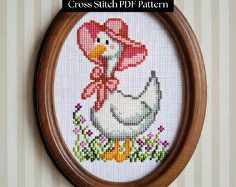 Cute Goose Floral Cross Stitch Pattern | Botanical Spring Embroidery, Beginner Friendly, Cute Animal PDF