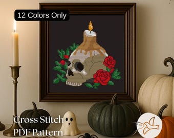 Halloween Skull Cross Stitch Pattern: Floral Candle (Digital PDF)