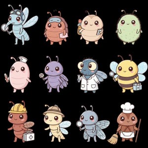 May include: A collection of twelve cartoon insects with various occupations and accessories. The insects are in different colors, including blue, pink, yellow, and green, and are set against a black background. Some insects wear hats, goggles, or carry tools.
