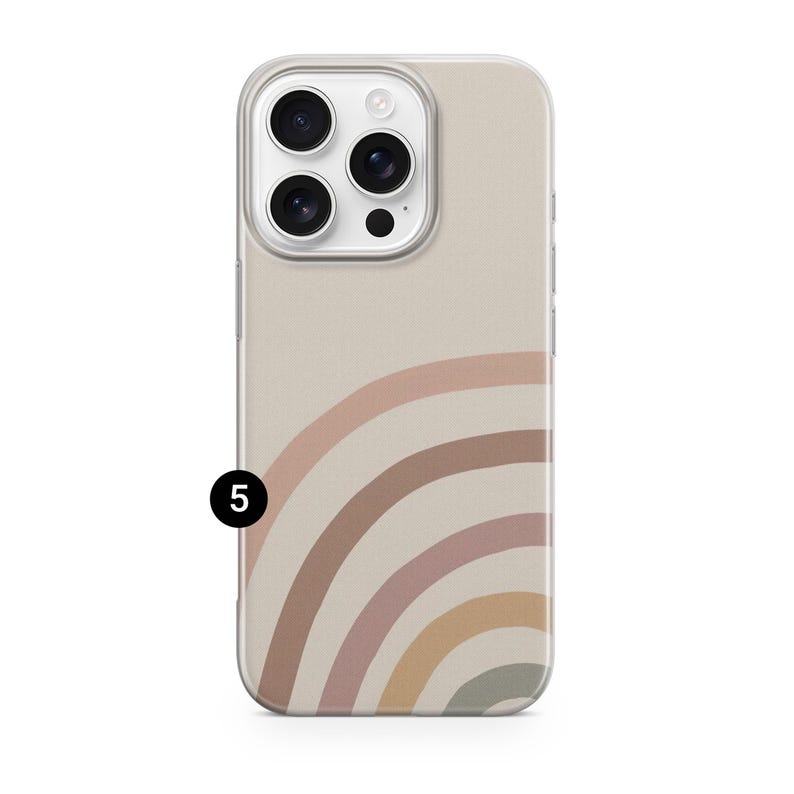 May include: A beige phone case with a rainbow design in shades of pink, brown, and yellow. The case has a clear border and a camera cutout. The number 5 is printed in black on the lower left corner.