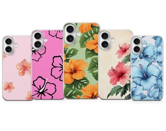 May include: Five phone cases with floral designs. The cases feature hibiscus flowers in various colors, including pink, orange, red, and blue, set against different background colors. The cases are designed to fit a smartphone.