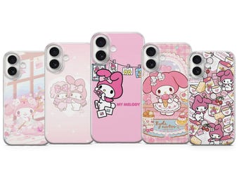 May include: Five pink phone cases featuring My Melody designs. The cases showcase various illustrations, including My Melody holding mail, enjoying ice cream, and posing with friends. Each case has a different design, with a mix of patterns and images.