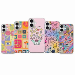Retro Doodle Icons Phone Case for iPhone 17 Pro Max, 16e, 15, 14, 12 Samsung S25 Ultra, S24 FE, A56, Pixel 10 XL,9a,8,7,6
