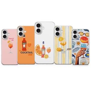 May include: A collection of five phone cases with Aperol Spritz-themed designs. The cases feature illustrations of cocktails, oranges, and bottles, with text like "Aperol pls" and "The Cocktail Club". The cases have a variety of background colors and patterns.