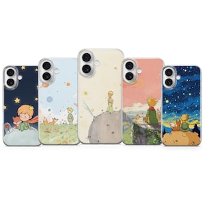 May include: Five phone cases with illustrations from "The Little Prince." Designs include a starry night, a fox and the Little Prince, and the Little Prince on a cliff. The cases have a clear border and are made of a durable material.