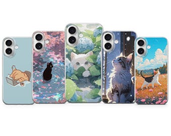 Lofi Anime Cat Aesthetic Phone Case for iPhone 17 Pro Max, 16, 15 Plus, 14, 13, 12, XR & Samsung S25, S24, A56, A55, Pixel 10, 9 Pro
