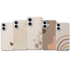 May include: A collection of five phone cases with a clear, protective design. Each case features a unique, minimalist design in neutral tones, including a heart, floral line art, and a rainbow. The cases are designed to fit a smartphone.