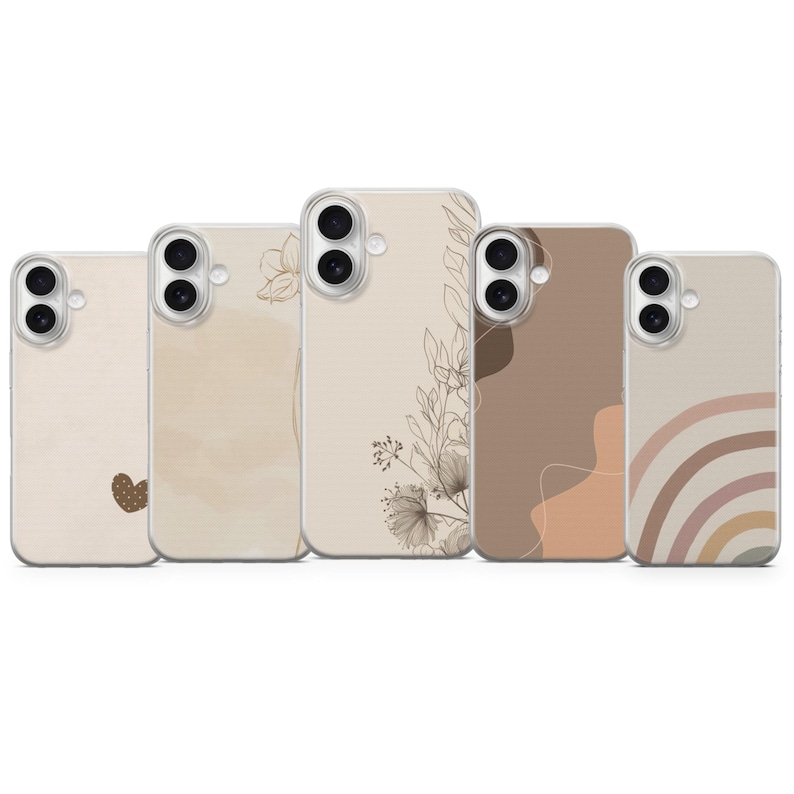 May include: A collection of five phone cases with a clear, protective design. Each case features a unique, minimalist design in neutral tones, including a heart, floral line art, and a rainbow. The cases are designed to fit a smartphone.