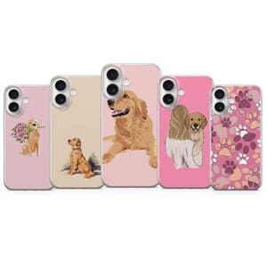 May include: A collection of five phone cases featuring golden retriever designs. The cases showcase various illustrations, including a dog with flowers, a sitting dog, a dog lying down, a dog with a person, and a paw print pattern.