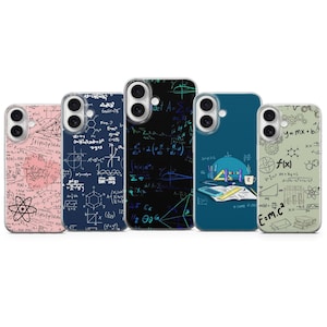 May include: Five phone cases with mathematical and scientific formulas printed on them. The cases feature a variety of colors, including pink, navy blue, black, teal, and light green. Each case has a different design with equations and diagrams.