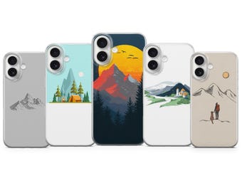 May include: A collection of five phone cases with nature-themed designs. The cases feature illustrations of mountains, forests, and a sunset. The color palette includes shades of gray, blue, orange, and green.