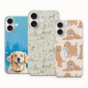May include: Three phone cases with dog-themed designs. One case features a smiling golden retriever against a blue sky background. Another has a pattern of various dog breeds. The third case showcases golden retrievers with accessories.