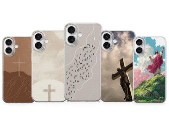 May include: A collection of five phone cases featuring religious imagery. Designs include a cross on a hillside, a simple cross, a pattern of small black shapes, a crucifix against a cloudy sky, and a depiction of Jesus with arms raised.