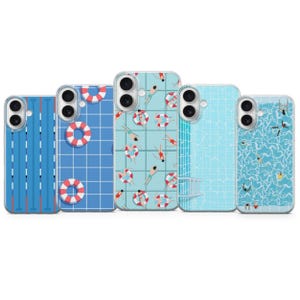 May include: Five phone cases with various blue pool-themed designs. One case features pool lanes, another has a grid with life preservers, and a third showcases swimmers and life preservers. The remaining cases display pool water patterns.