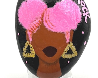 Black Girls Rock Hand-Painted Stone | Pink Braids • Afrocentric Art • Representation • Empowerment