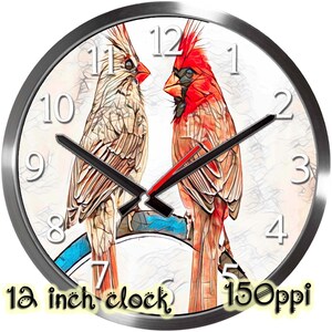 May include: A 12-inch round wall clock with a silver metal frame. The clock face features two stylized cardinal birds perched on a blue branch. The birds are red and beige, with black clock hands. The text "12 inch clock" is at the bottom.