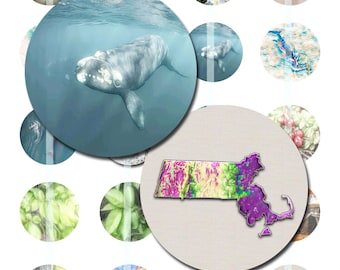 Massachusetts US State Map Art - Collage Sheet: Printable Circle, Square & Dominoes Images (Digital Download)