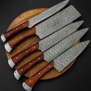 5 Pc Hand-Forged Damascus Chef Knife Set – Handmade Kitchen Knives, Professional Cooking Knife Set