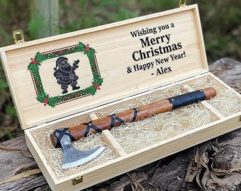 Personalized Viking Axe with Engraved Handle & Wooden Gift Box | Handmade Norse Hatchet Gift