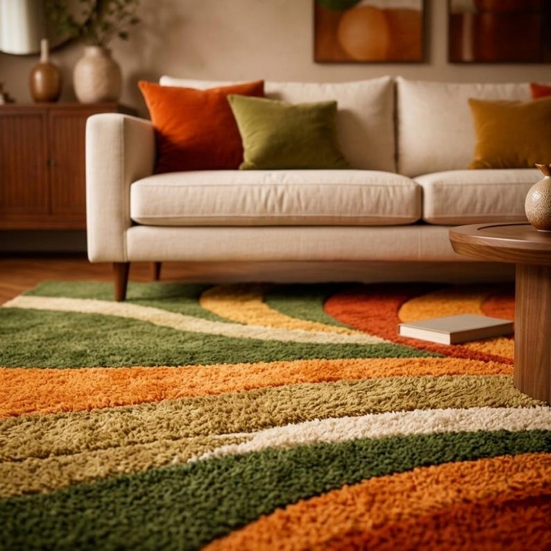 May include: A living room scene featuring a cream-colored sofa with orange, green, and gold throw pillows. A colorful rug with curved stripes in shades of green, orange, and white is in the foreground. A wooden coffee table and cabinet are also visible.