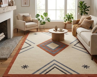 Southwestern Area Rug - Navajo Inspired Tribal Geometric Rug, Rustic Western Wool Carpet, Desert Boho Decor, Hand Tufted Custom Rug