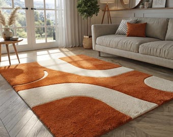 Burnt Orange Abstract Area Rug, Cream Wavy Mid Century Modern Hand Tufted Rug