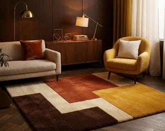 Retro Patchwork Area Rug – Mid Century Color Block Carpet, Rust Mustard Brown Geometric Living Room Decor