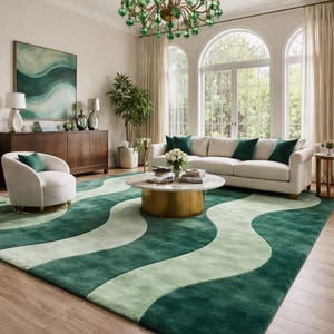 Getufteter Smaragdwellen-Teppich, moderner abstrakter grüner Teppich, Plüsch-Wohnzimmer-Bodendekor