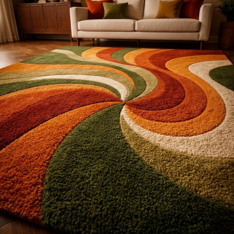 May include: A retro-style area rug with a swirling pattern in shades of green, orange, rust, and cream. The shag rug has a soft, textured appearance and adds a pop of color to any living space. The rug is placed on a hardwood floor.
