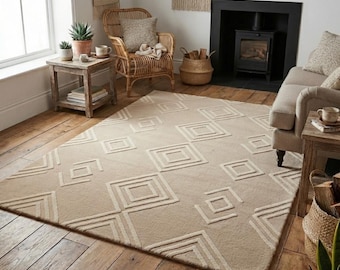 Hand Tufted Wool Geometric Area Rug, Beige Japandi Living Room Carpet