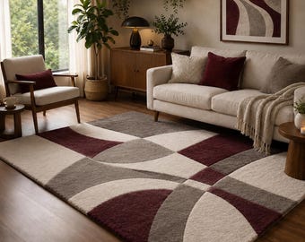 Modern Abstract Area Rug – Burgundy Beige Gray Geometric Carpet, Contemporary Curved Floor Art