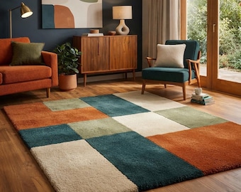 Modern Patchwork Area Rug, Hand Tufted Wool Geometric Living Room Carpet